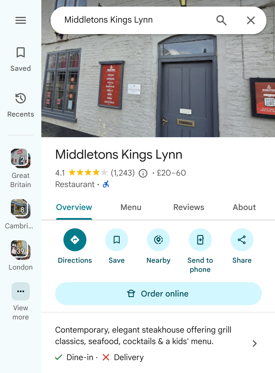 A screenshot of a local restaurant showing users that they can order online.