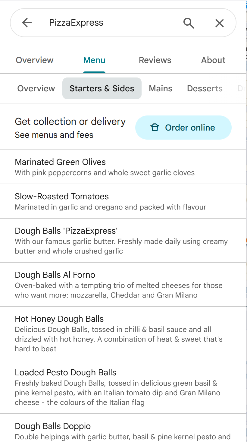 Screenshot of dishes served by Pizza Express