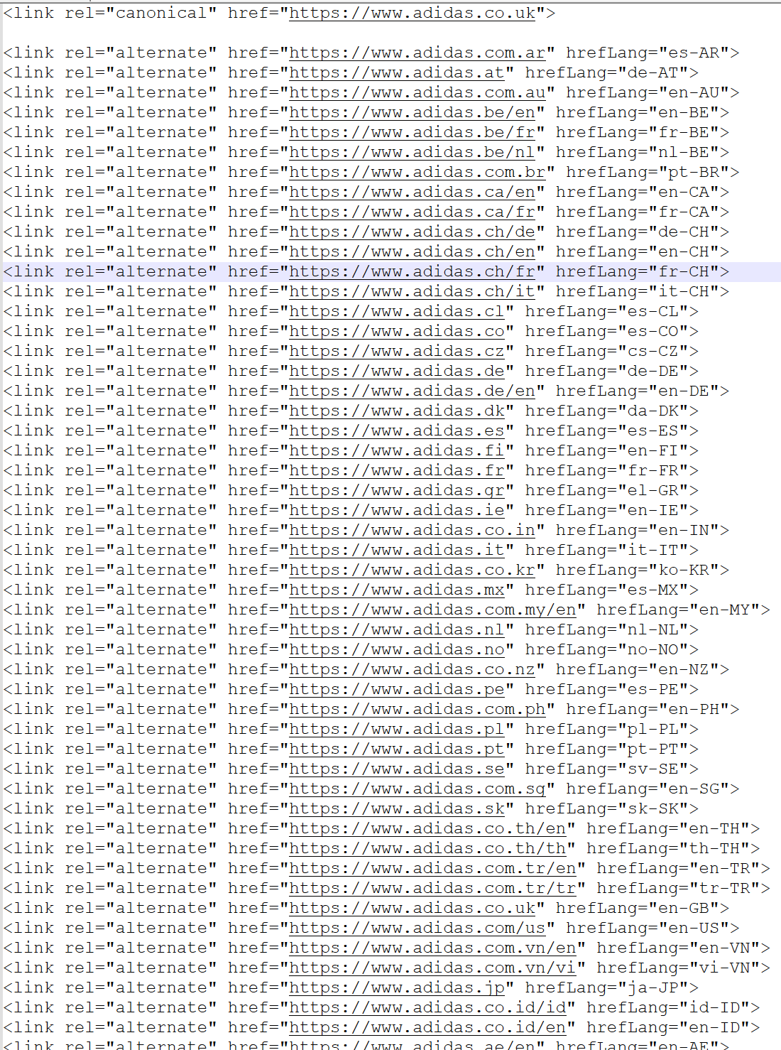 A screenshot of the hreflang tags used on sports shop Adidas's website.
