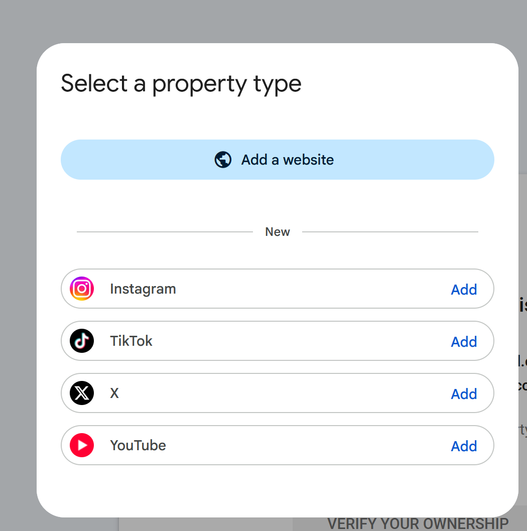 A screenshot of how to add your YouTube profile to Google Search Console.