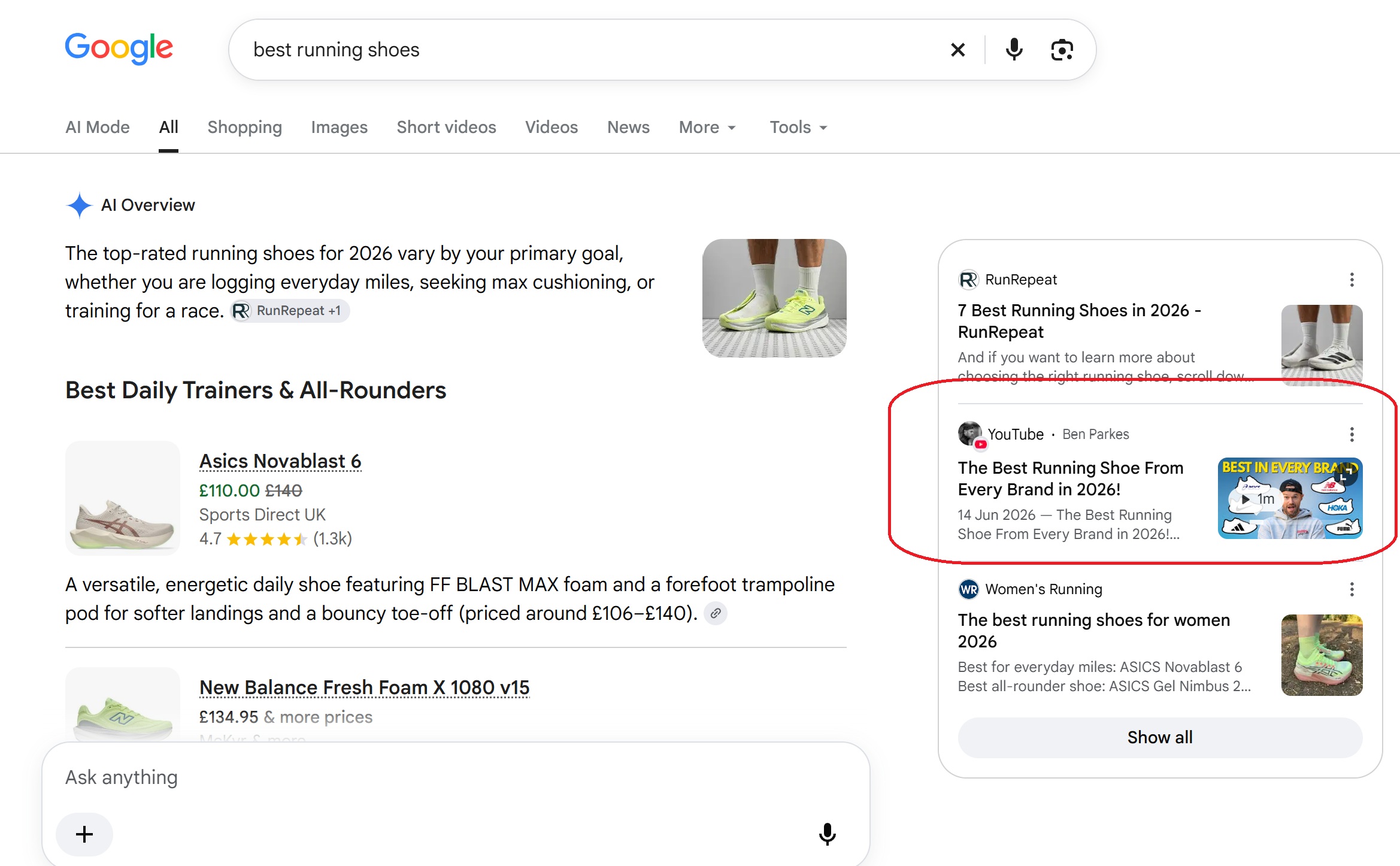 A screenshot of Google using YouTube videos to help it understand and provide an answer.