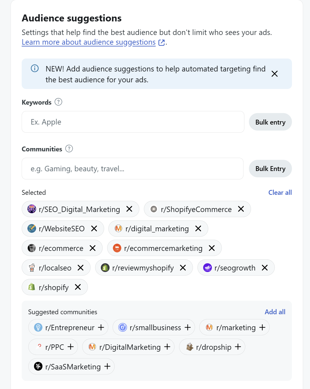 A screenshot of the subreddit selector when choosing your audience