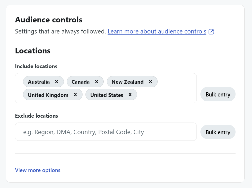 A screenshot showing the country selector in the Reddit ads platform.