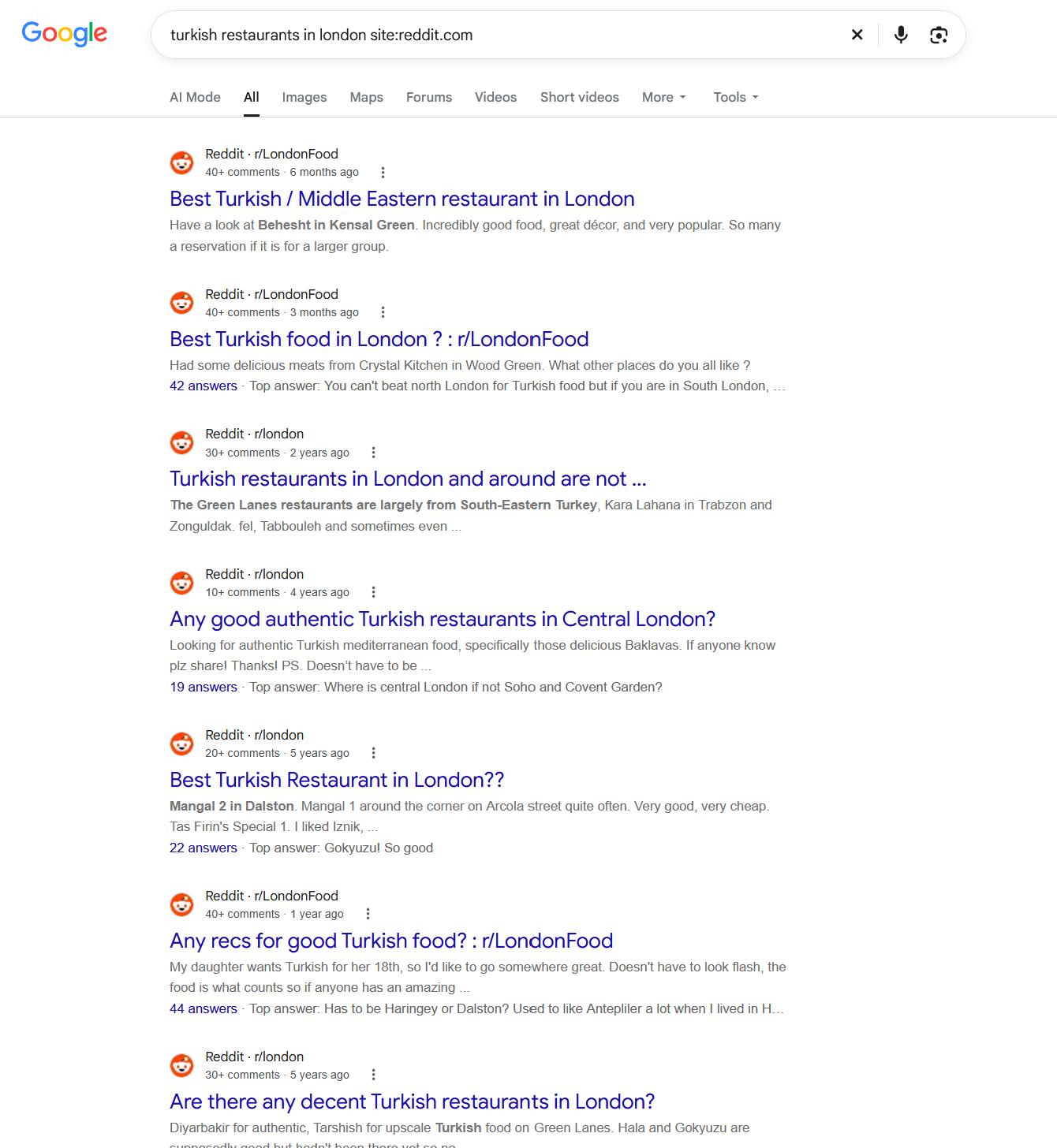 A screenshot of discussions of Reddit around a particular subject. This example shows Turkish restaurants in London.
