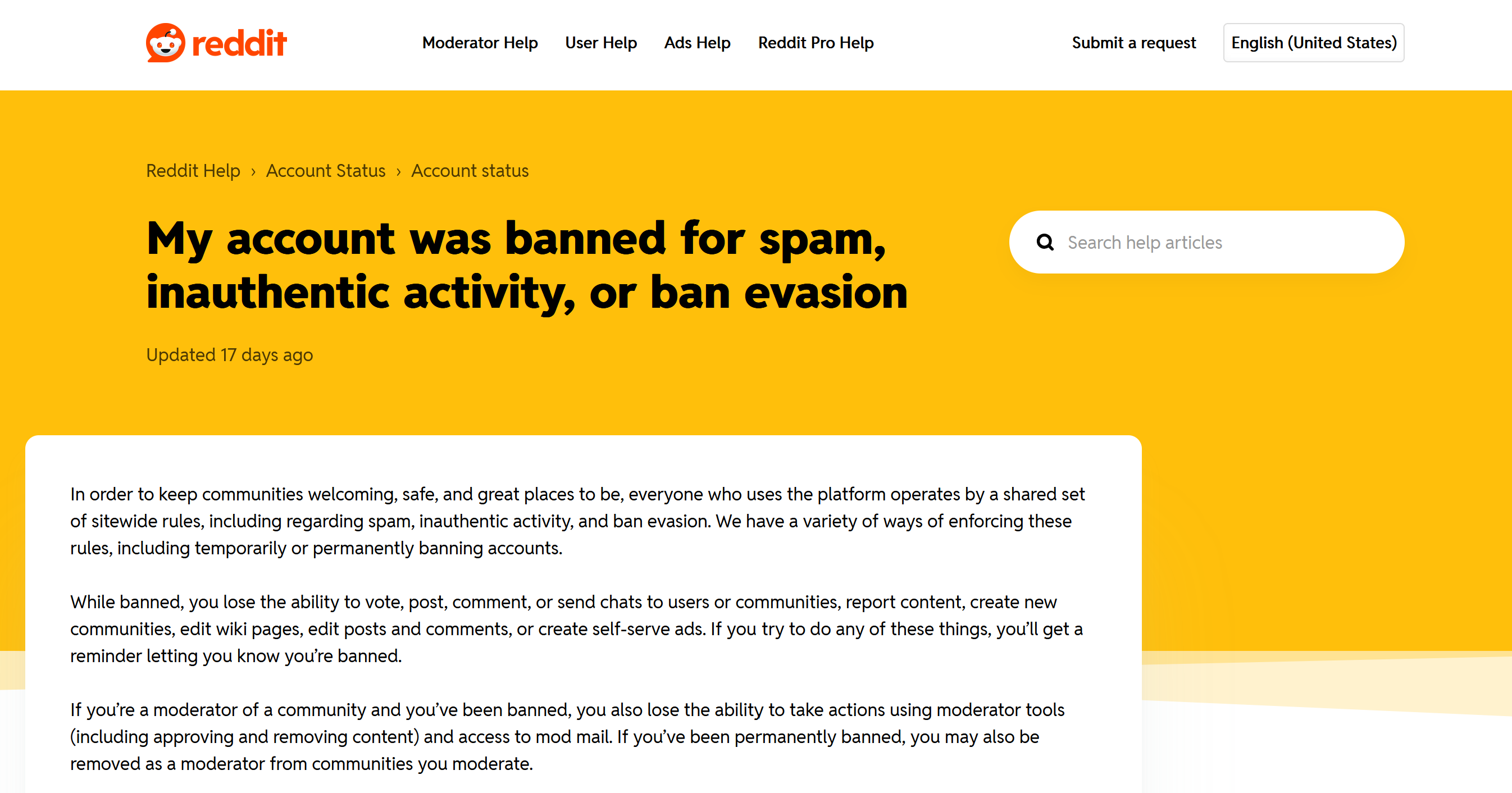 A screenshot showing Reddit's help section