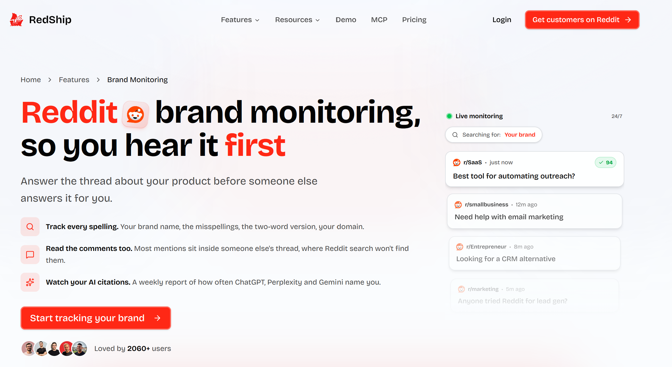 Screenshot of a brand tracker for Reddit