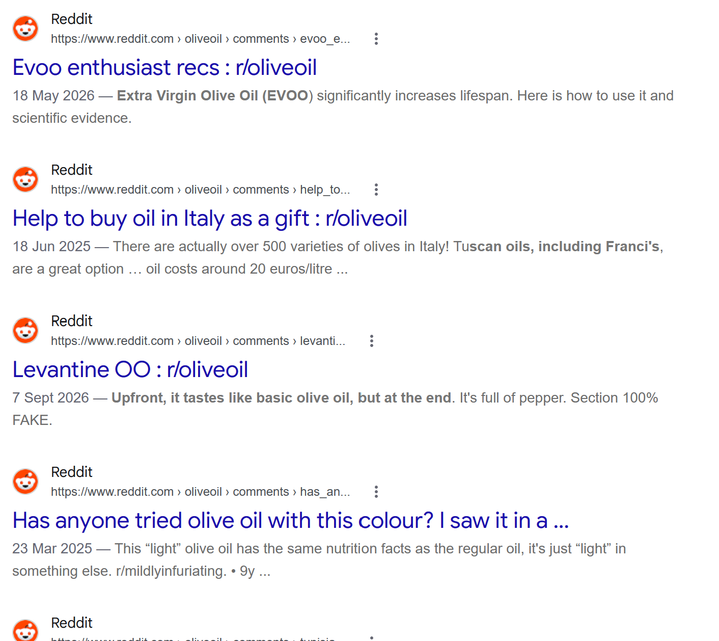 A screenshot of questions being asked around the topic of olive oil.